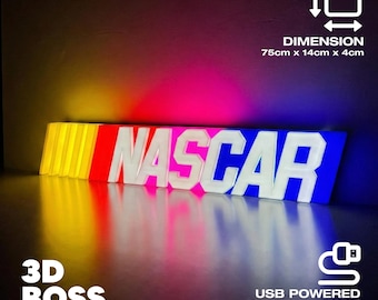 Nascar Sign LED Lighted Sign Garage Workshop Sim Racing Daytona Motorsport America IndyCar F1 Chevy Ford Wall Decor Neon License Plate Car Logo