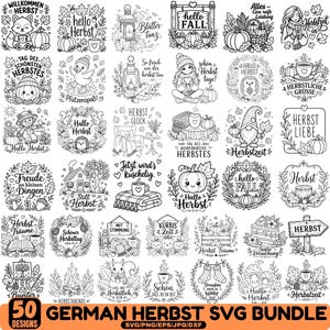 May include: A collection of 50 black and white digital illustrations featuring autumn themes such as pumpkins, leaves, woodland animals, cozy beverages, and seasonal text in German. The designs include gnomes, hedgehogs, squirrels, and fall foliage arranged in various decorative frames and compositions for crafting projects.