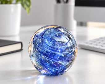 Handmade Blue Glass Orb, Ocean Wave Glass Paperweight, Swirl Art Glass Sphere, Desk Decor, Coastal Home Gift