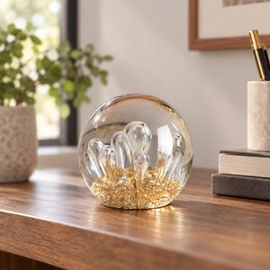 Puede incluir: Un pisapapeles de esfera de cristal transparente con formas de gotas de vidrio esculpidas en su interior que surgen de una base de purpurina dorada texturizada. El objeto esférico tiene una superficie lisa y pulida con una base plana.