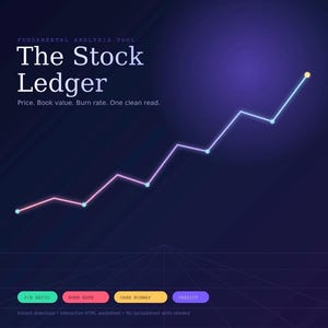 May include: A digital graphic titled The Stock Ledger, a fundamental analysis tool. It features a line graph with a gradient color scheme against a dark blue background. Text includes Price, Book value, Burn rate, and labels for P/B Ratio, Burn Rate, Cash Runway, and Verdict.