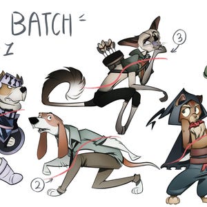 May include: A digital illustration titled ADOPT BATCH #1 featuring five anthropomorphic animal characters. The characters include a dog in armor, a hound in a shirt, a feline archer, a hooded feline, and a dog wearing a vest with a violin.