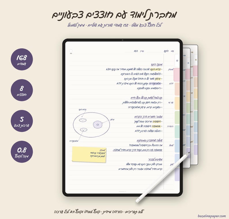May include: A digital tablet displaying a study planner with Hebrew text, featuring a lined layout, a hand-drawn cell diagram, and a yellow sticky note. The interface includes side tabs in pastel colors, a white stylus, and four purple circular icons.