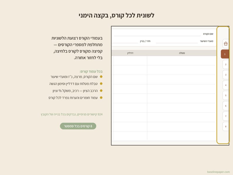 Peut inclure: Une interface de planificateur num&eacute;rique pr&eacute;sentant un menu de navigation &agrave; onglets sur le c&ocirc;t&eacute; droit avec huit sections num&eacute;rot&eacute;es. La mise en page comprend un tableau pour les d&eacute;tails des cours, le suivi des devoirs et les crit&egrave;res de notation.