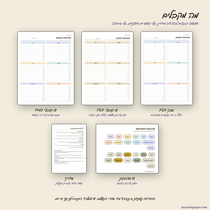 Puede incluir: Un conjunto de planificadores digitales que incluye tres hojas de tareas semanales con secciones en colores pastel, un documento de instrucciones con texto y una hoja de etiquetas ovaladas en tonos apagados con casillas.