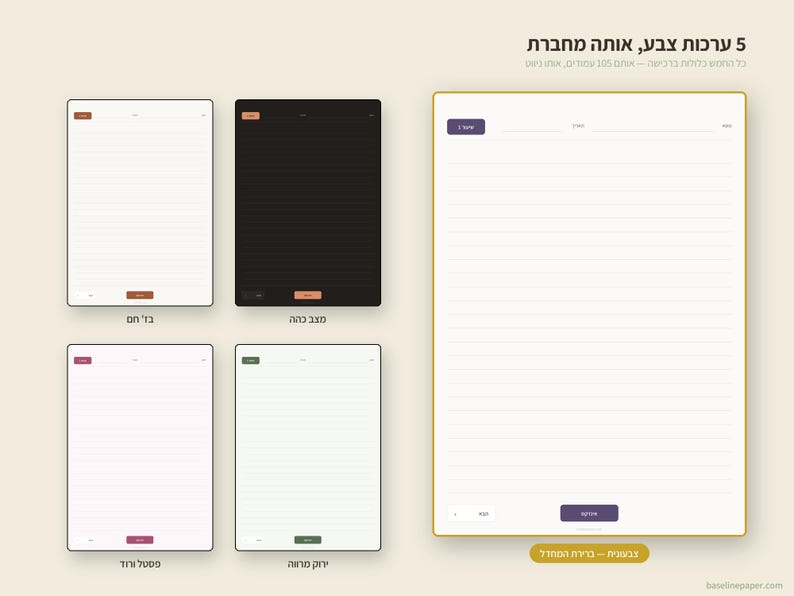 Puede incluir: Cinco plantillas de p&aacute;ginas de cuaderno digital con l&iacute;neas horizontales, que presentan varios esquemas de color que incluyen beige, oscuro, rosa claro, verde claro y una p&aacute;gina blanca grande con encabezado y bot&oacute;n de pie de p&aacute;gina morados.