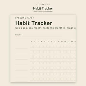 Puede incluir: Un rastreador de h&aacute;bitos de papel color crema con el texto Baseline Paper Habit Tracker en la parte superior. El dise&ntilde;o incluye una l&iacute;nea para el mes, columnas numeradas del 1 al 14 y una cuadr&iacute;cula de casillas cuadradas vac&iacute;as para el seguimiento.