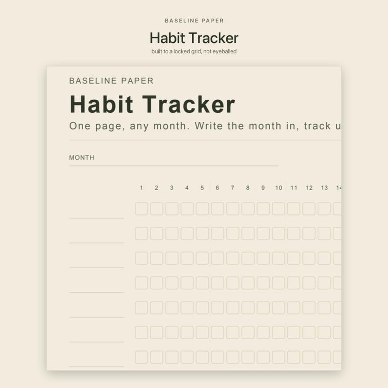 Puede incluir: Un rastreador de h&aacute;bitos de papel color crema con el texto Baseline Paper Habit Tracker en la parte superior. El dise&ntilde;o incluye una l&iacute;nea para el mes, columnas numeradas del 1 al 14 y una cuadr&iacute;cula de casillas cuadradas vac&iacute;as para el seguimiento.
