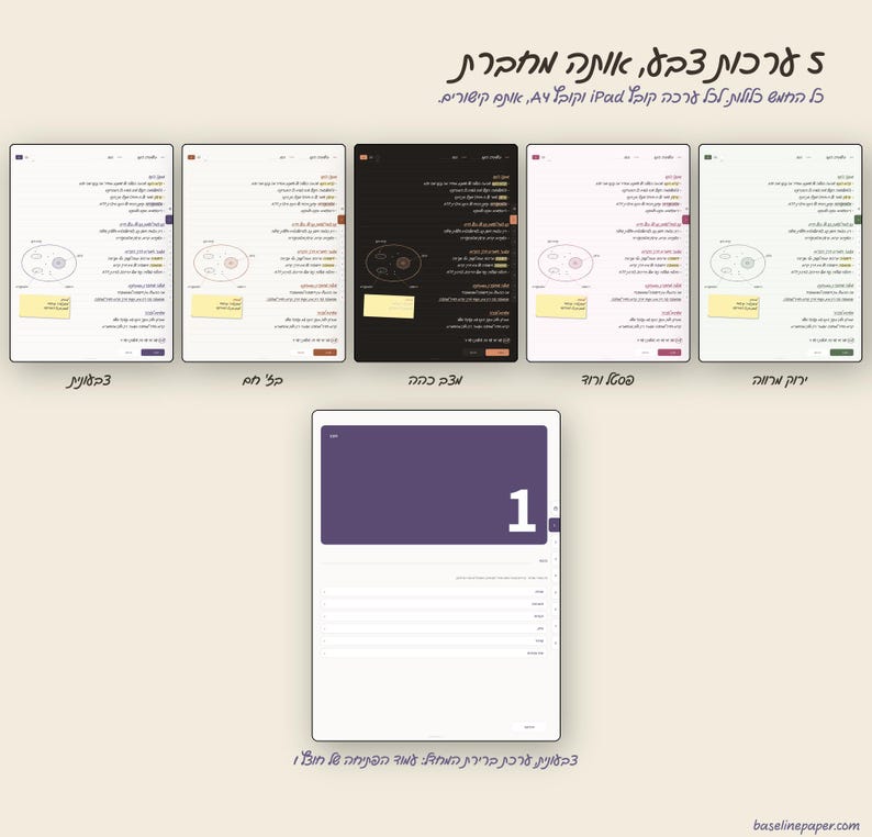 May include: A digital planner display featuring five color variations including light, dark, and colored themes. The interface shows a page with a large number one, lined sections, and a small diagram. Hebrew text is present throughout the image.