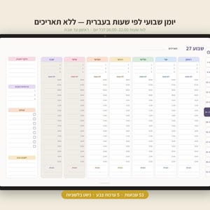 May include: A digital weekly planner template in Hebrew featuring a vertical hourly layout from 06:00 to 22:00. The interface includes color-coded columns for each day of the week, a task list section, and navigation tabs on the right side of the screen.