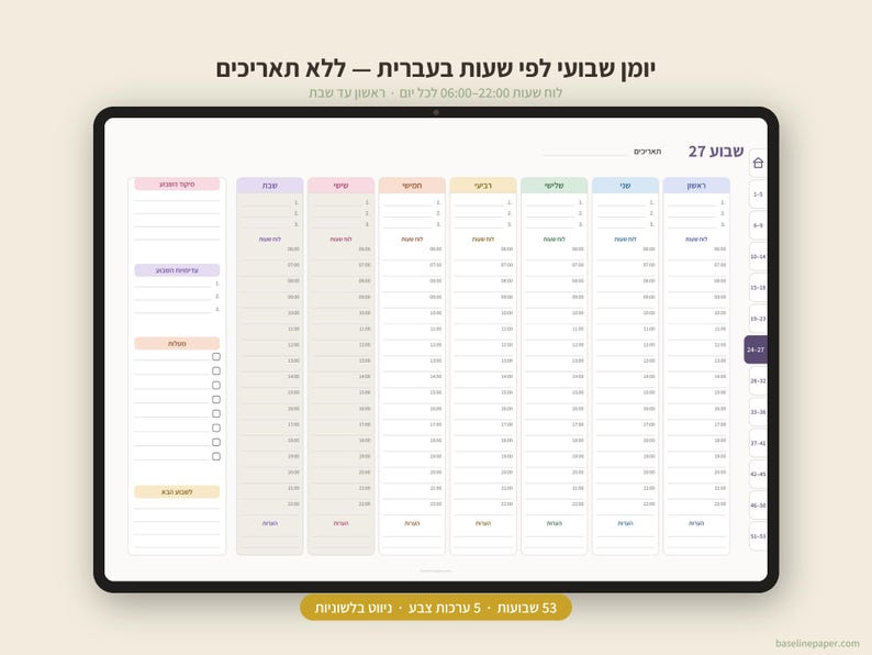 May include: A digital weekly planner template in Hebrew featuring a vertical hourly layout from 06:00 to 22:00. The interface includes color-coded columns for each day of the week, a task list section, and navigation tabs on the right side of the screen.
