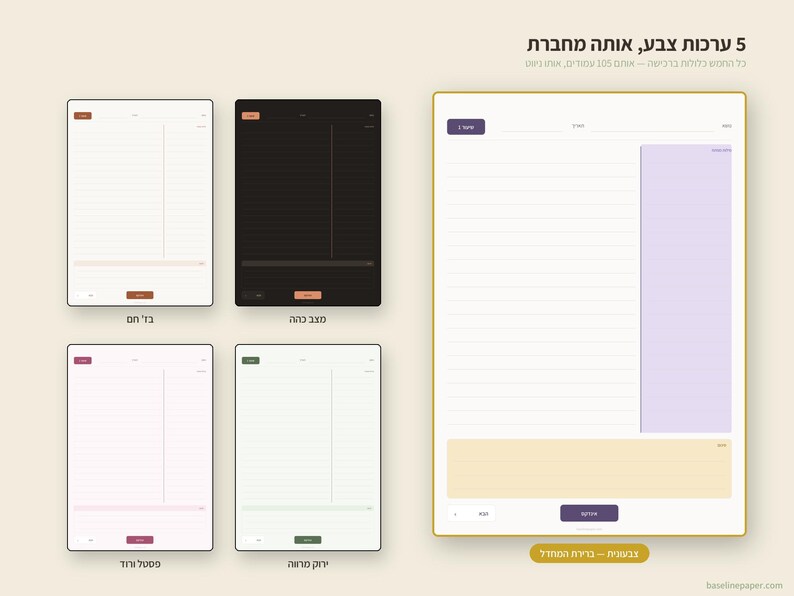 May include: A digital notebook interface featuring five distinct color themes including beige, dark mode, pastel pink, sage green, and a purple-accented layout. Each page displays horizontal lines, a vertical sidebar, and a bottom navigation bar.
