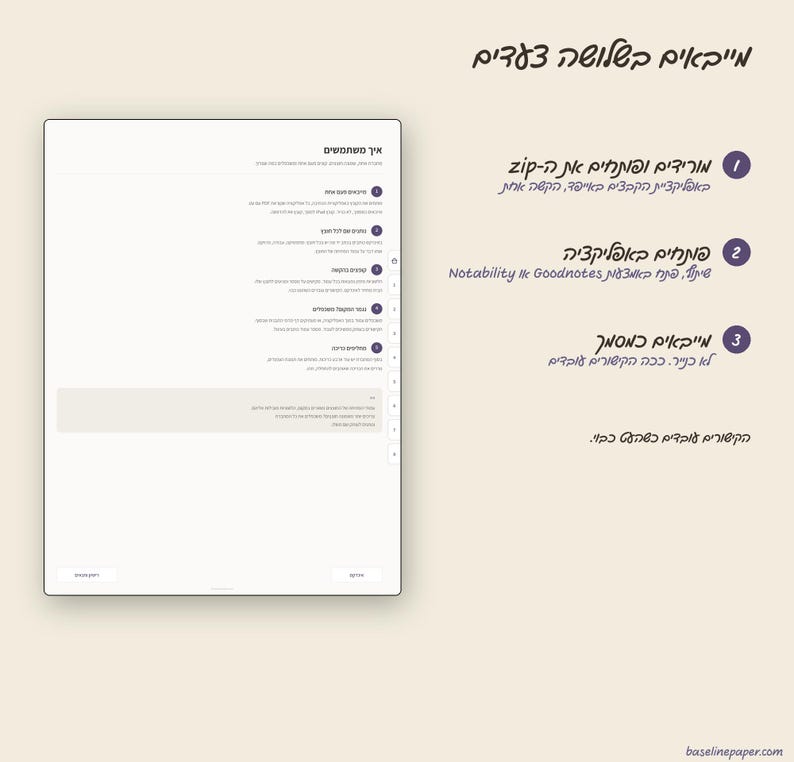 May include: A digital instructional graphic featuring a white tablet screen displaying a list of steps in Hebrew text, accompanied by three numbered purple circles on the right side with corresponding Hebrew instructions and the website baselinepaper.com.