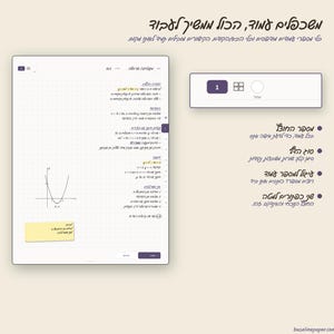 May include: A digital interface display featuring a grid-lined document with mathematical equations, a parabolic graph, and a yellow sticky note. The layout includes a navigation bar with page selection icons and a sidebar with text-based settings and options.