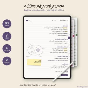 May include: A digital tablet displaying a study planner interface with Hebrew text, a hand-drawn cell diagram, and a yellow sticky note. The screen features a sidebar with navigation tabs, a white stylus resting diagonally, and circular icons indicating 174 pages, 8 sections, 5 color themes, and 6 cover designs.