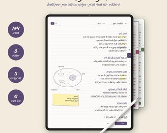 May include: A digital tablet displaying a study planner interface with Hebrew text, a hand-drawn cell diagram, and a yellow sticky note. The screen features a sidebar with navigation tabs, a white stylus resting diagonally, and circular icons indicating 174 pages, 8 sections, 5 color themes, and 6 cover designs.