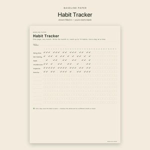Puede incluir: Una hoja de seguimiento de h&aacute;bitos de color crema con texto en negro. El encabezado dice Habit Tracker, seguido de instrucciones. Incluye una l&iacute;nea para el mes, una cuadr&iacute;cula numerada para 31 d&iacute;as y filas para 14 h&aacute;bitos con marcas.