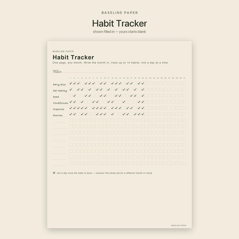 Puede incluir: Una hoja de seguimiento de h&aacute;bitos de color crema con texto en negro. El encabezado dice Habit Tracker, seguido de instrucciones. Incluye una l&iacute;nea para el mes, una cuadr&iacute;cula numerada para 31 d&iacute;as y filas para 14 h&aacute;bitos con marcas.