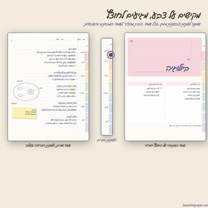May include: A digital planner layout featuring two white pages with lined sections, a vertical navigation bar with colored tabs, and Hebrew text. The left page displays a biology diagram with a yellow sticky note, while the right page shows a header.