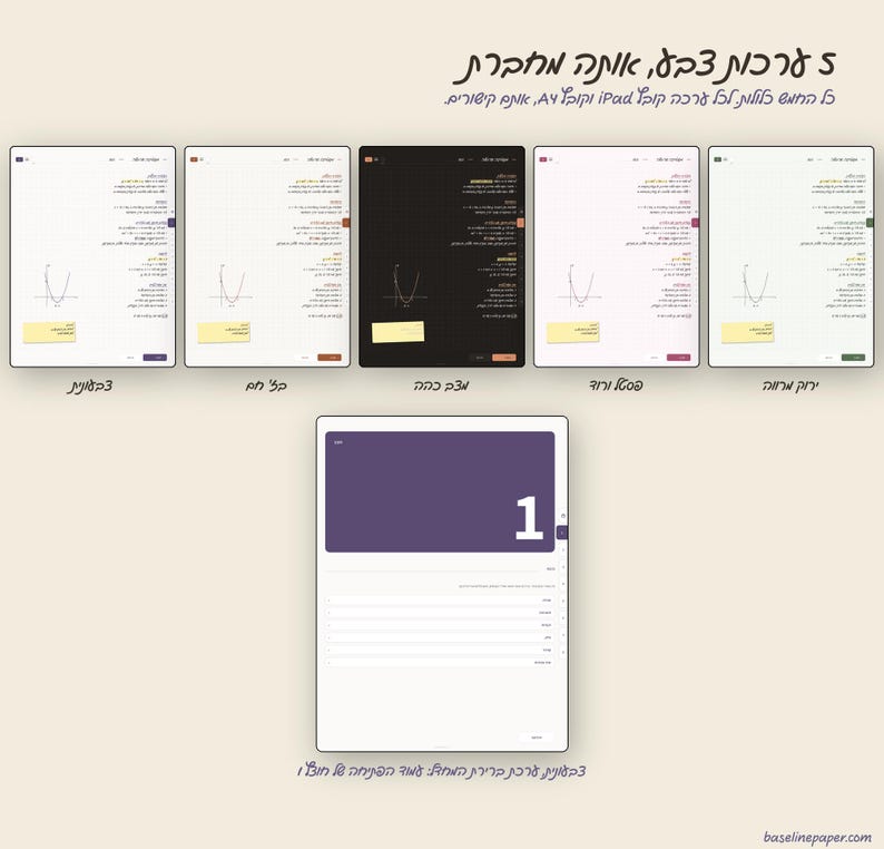 May include: A digital planner interface display showing five colour variations including white, black, and pastel themes. Each layout features a graph, text, and a yellow sticky note. A large purple page with the number 1 is centred below.