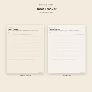 Puede incluir: Dos hojas de seguimiento de h&aacute;bitos imprimibles etiquetadas como Baseline Paper. Cada p&aacute;gina presenta una cuadr&iacute;cula para rastrear 14 h&aacute;bitos durante un mes, con columnas para los d&iacute;as 1 al 31. La hoja izquierda es Studio Neutral, la derecha Soft Rose.