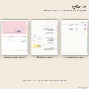 May include: Three digital planner pages displayed side-by-side, featuring Hebrew text, lined sections, and colored tabs on the right side. The layout includes a pink header page, a middle page with a circular diagram, and a right page with a table.