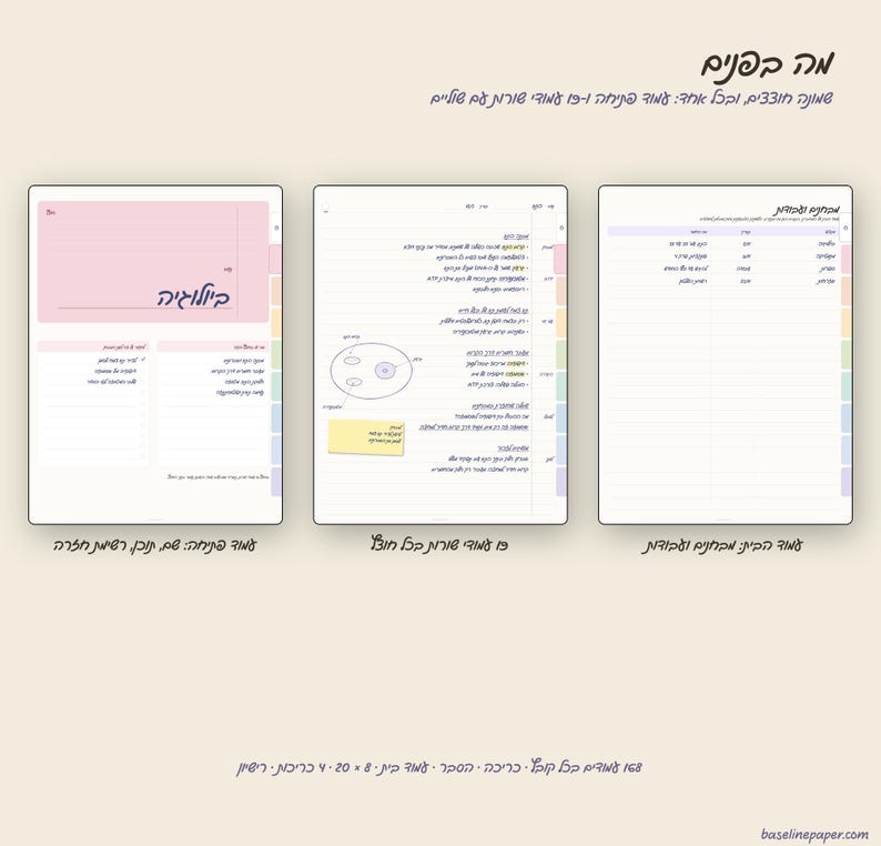 May include: Three digital planner pages displayed side-by-side, featuring Hebrew text, lined sections, and colored tabs on the right side. The layout includes a pink header page, a middle page with a circular diagram, and a right page with a table.