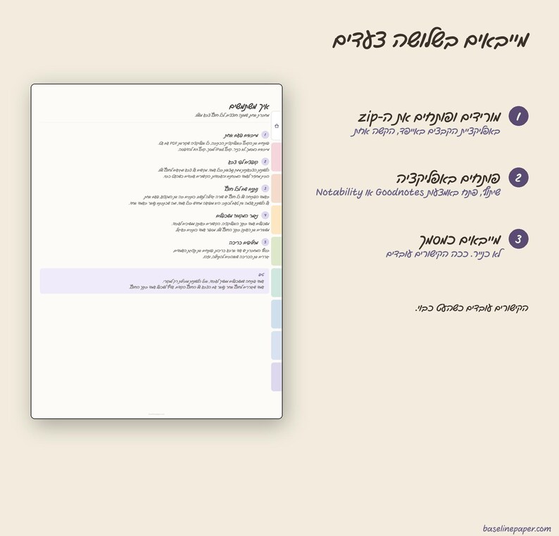 May include: A digital instructional graphic with a light beige background featuring a white tablet screen on the left displaying a list of Hebrew text with colored tabs. On the right, three numbered steps in Hebrew explain how to use the digital file.