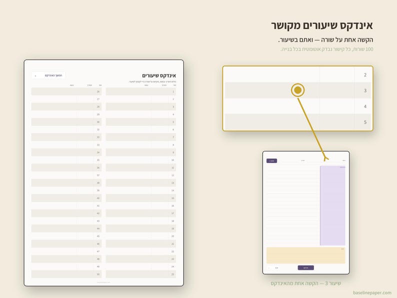 May include: A digital lesson index template featuring a list of numbered rows on the left. A highlighted section on the right shows a yellow circle connecting a specific row to a corresponding digital page layout with lined and colored sections.