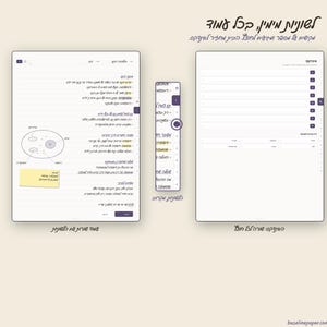 May include: A digital interface display showing two white rectangular note-taking pages with dark purple accents. The left page features handwritten Hebrew text, a circular cell diagram, and a yellow sticky note. A vertical tab bar sits between the pages.