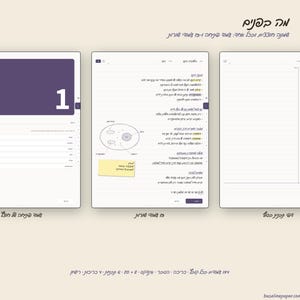 May include: A digital planner interface displaying three distinct page layouts: a purple cover page with the number 1, a lined note page containing a hand-drawn cell diagram with Hebrew text and a yellow sticky note, and a blank lined page for writing.