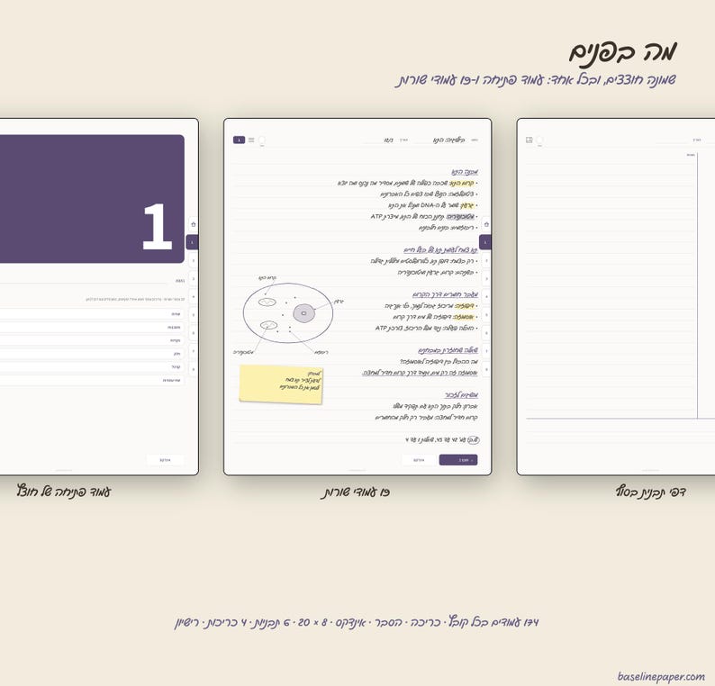May include: A digital planner interface displaying three distinct page layouts: a purple cover page with the number 1, a lined note page containing a hand-drawn cell diagram with Hebrew text and a yellow sticky note, and a blank lined page for writing.