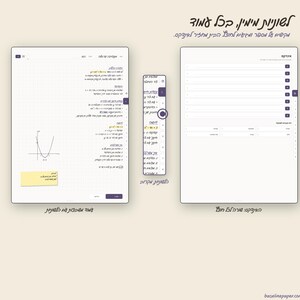 May include: A digital interface display showing a note-taking application with a grid background, mathematical equations, a parabola graph, and a yellow sticky note. A vertical sidebar lists tabs, and a separate index view shows a list of pages.