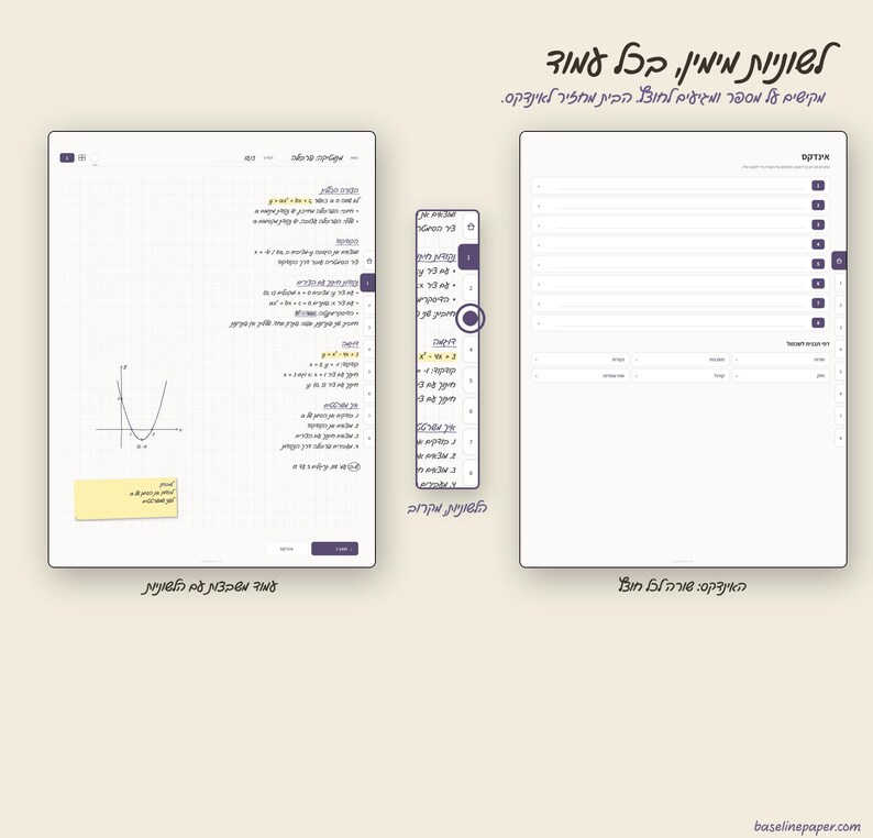 May include: A digital interface display showing a note-taking application with a grid background, mathematical equations, a parabola graph, and a yellow sticky note. A vertical sidebar lists tabs, and a separate index view shows a list of pages.