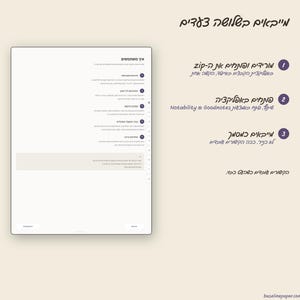 May include: A digital instructional graphic featuring a white tablet screen displaying a list of steps in Hebrew text, accompanied by three numbered purple circles on the right side with corresponding Hebrew instructions and the website baselinepaper.com.
