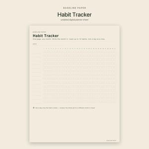 Puede incluir: Una hoja de seguimiento de h&aacute;bitos digital de color crema con texto en negro. El encabezado dice Baseline Paper Habit Tracker. Incluye un campo para el mes, espacio para 14 h&aacute;bitos y una cuadr&iacute;cula de 31 columnas numeradas para el seguimiento.