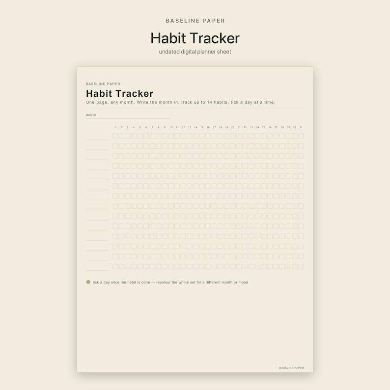 Puede incluir: Una hoja de seguimiento de h&aacute;bitos digital de color crema con texto en negro. El encabezado dice Baseline Paper Habit Tracker. Incluye un campo para el mes, espacio para 14 h&aacute;bitos y una cuadr&iacute;cula de 31 columnas numeradas para el seguimiento.