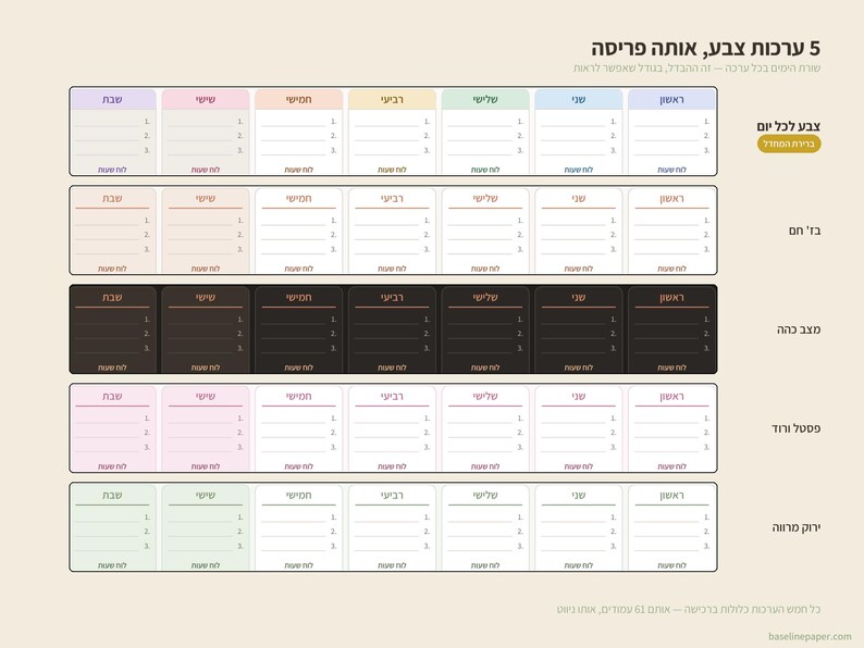 May include: A digital planner template featuring five distinct color-coded weekly layouts. Each row displays seven columns for days of the week, with three numbered lines for tasks and a small space for notes under each day. The text is in Hebrew.