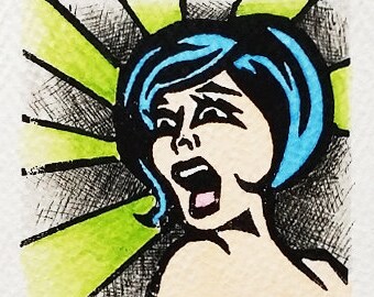 Oh Dear God Linocut Print – Mixed Media Miniature Art, 2" x 2" - artist variation original art