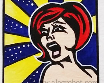 Oh Dear God Linocut Print – Mixed Media Miniature Art, 2" x 2" - artist variation original art
