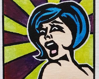 Oh Dear God Linocut Print – Mixed Media Miniature Art, 2" x 2" - artist variation original art