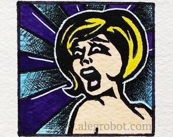 Oh Dear God Linocut Print – Mixed Media Miniature Art, 2" x 2" - artist variation original art
