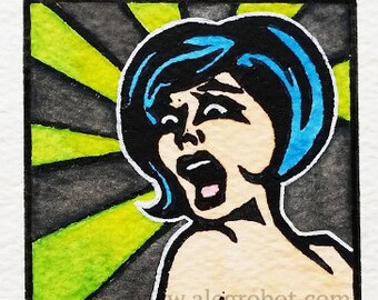 Oh Dear God Linocut Print – Mixed Media Miniature Art, 2" x 2" - artist variation original art