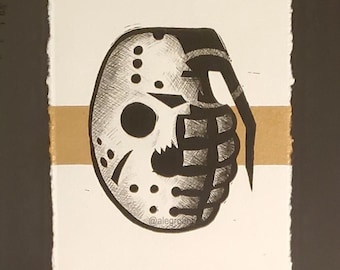 Jason Grenade- original mixed media on paper - linocut - gold leaf - unframed