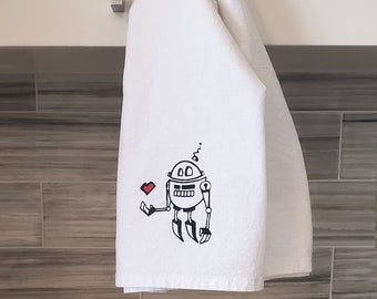 Robot and heart flour sack towel - kitchen towel - cotton - screen printed hand towel - Valentine's Day