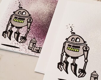 Robot and spray paint cans - blank card and envelope - set of 2 - screen print artisan greeting card - 5"x7" print