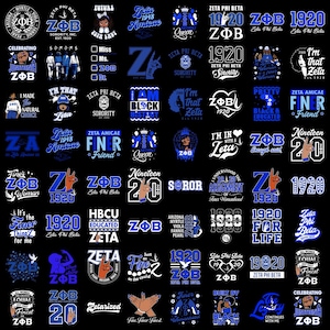 Könnte beinhalten: Eine Sammlung von blau-weißen Grafikdesigns mit Themen der Zeta Phi Beta Sorority, einschließlich Texten wie 1920, Zeta Phi Beta, Finer Womanhood und verschiedenen Abbildungen von Händen, Kronen und Silhouetten auf schwarzem Hintergrund.