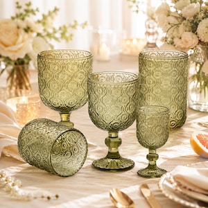 Vintage-Gläserset in Grün mit Prägung, Retro-Kelche, Geschenkidee im Mid-Century-Stil zum Einzug, Tischdekoration für Hochzeiten