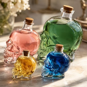Peut inclure: Quatre bouteilles en verre en forme de crâne avec des bouchons en liège, chacune remplie d'un liquide de couleur différente. La plus grande bouteille est verte, suivie d'une bouteille rose, d'une bleue et d'une plus petite contenant du liquide jaune.