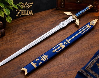Réplica da Espada Mestra inspirada na Master Sword para cosplay, espada fantástica azul e dourada, peça colecionável para exibição com bainha.